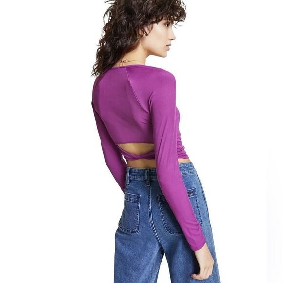 Bar III Pink Purple Long Sleeve Ribbed Crop Top Open Back - Picture 2 of 10